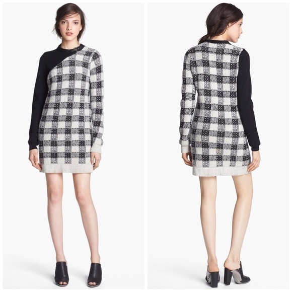 3.1 Phillip Lim Colorblock Plaid Sweater Dress Cashmere Leather M - Picture 1 of 8